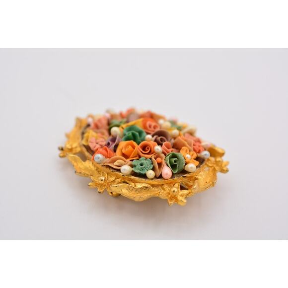 Vintage Oval Flower Pin Brooch Brushed Gold 3D Textured Petals Antique 60s BinB